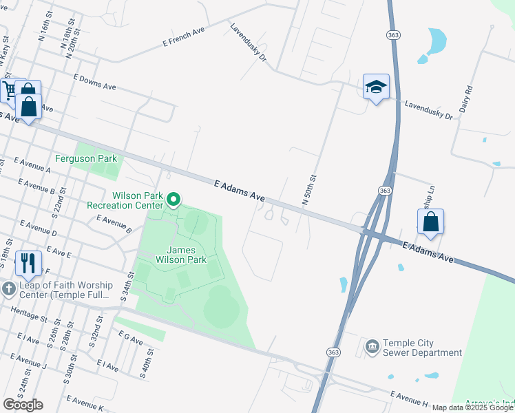 map of restaurants, bars, coffee shops, grocery stores, and more near 2209 East Adams Avenue in Temple