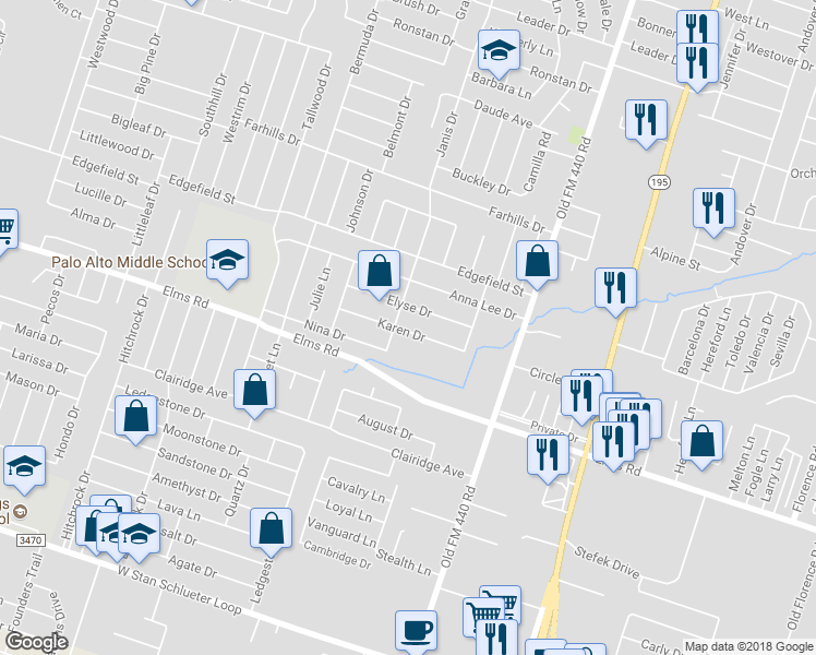 map of restaurants, bars, coffee shops, grocery stores, and more near 1301 Karen Drive in Killeen