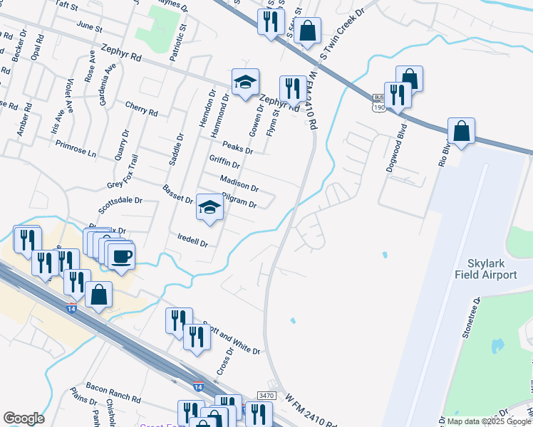 map of restaurants, bars, coffee shops, grocery stores, and more near 3905 Basset Court in Killeen