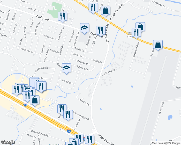map of restaurants, bars, coffee shops, grocery stores, and more near 3905 Basset Court in Killeen