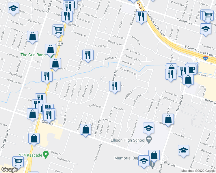 map of restaurants, bars, coffee shops, grocery stores, and more near 3109 Denia Court in Killeen