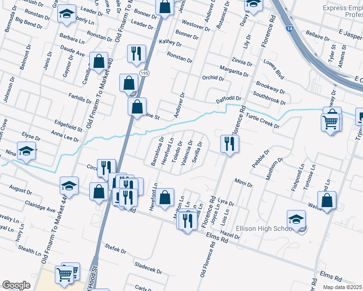 map of restaurants, bars, coffee shops, grocery stores, and more near 3301 Valencia Drive in Killeen