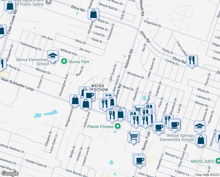 map of restaurants, bars, coffee shops, grocery stores, and more near 4408 Jeff Scott Drive in Killeen