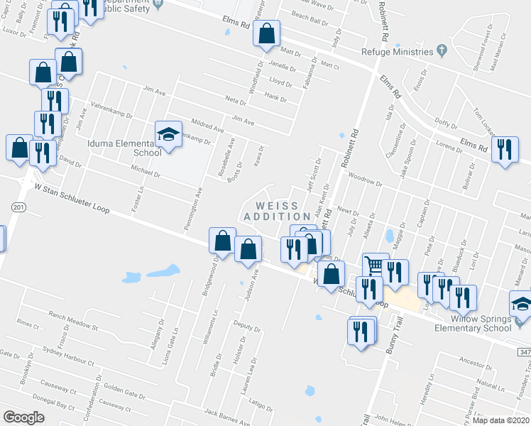 map of restaurants, bars, coffee shops, grocery stores, and more near 4409 Abigail Drive in Killeen