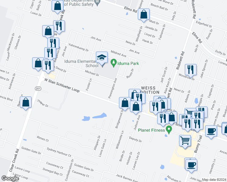 map of restaurants, bars, coffee shops, grocery stores, and more near 4602 Pennington Avenue in Killeen
