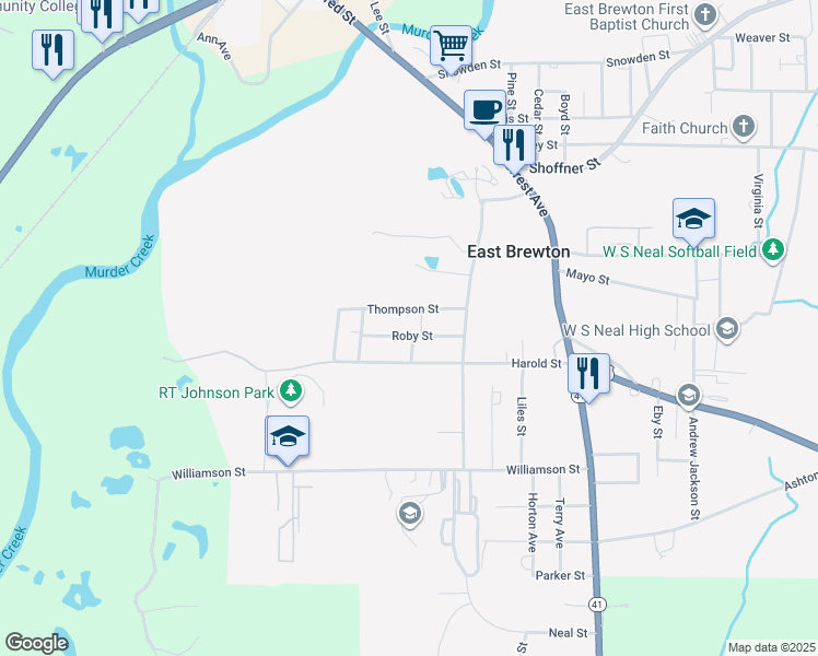 map of restaurants, bars, coffee shops, grocery stores, and more near 300 Roby Street in Brewton