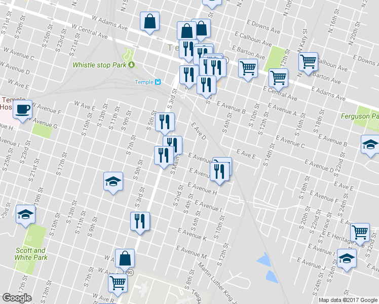 map of restaurants, bars, coffee shops, grocery stores, and more near 14 East Avenue F in Temple