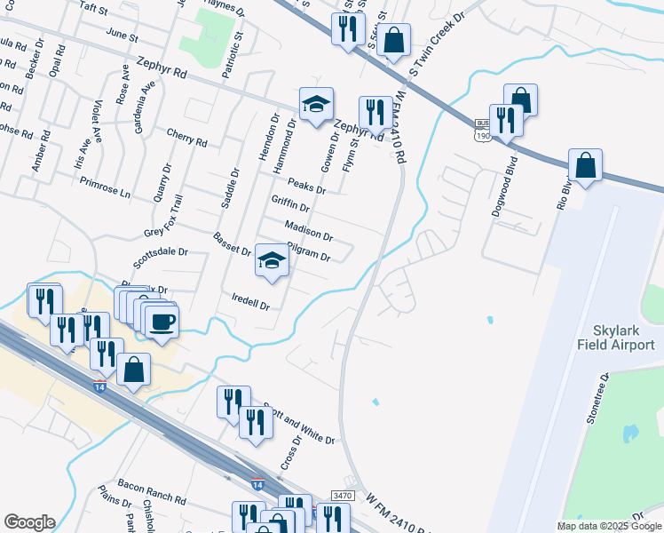 map of restaurants, bars, coffee shops, grocery stores, and more near 3905 Basset Court in Killeen