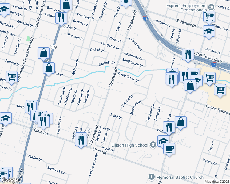 map of restaurants, bars, coffee shops, grocery stores, and more near 102 Kings Court in Killeen