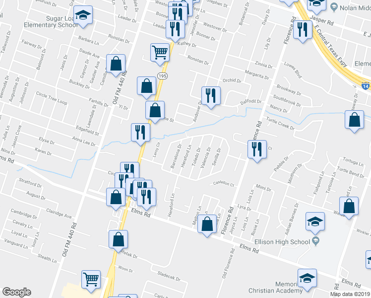 map of restaurants, bars, coffee shops, grocery stores, and more near 3209 Hereford Lane in Killeen