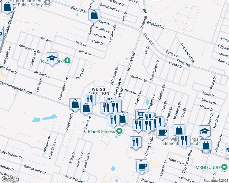 map of restaurants, bars, coffee shops, grocery stores, and more near 4408 Jeff Scott Drive in Killeen