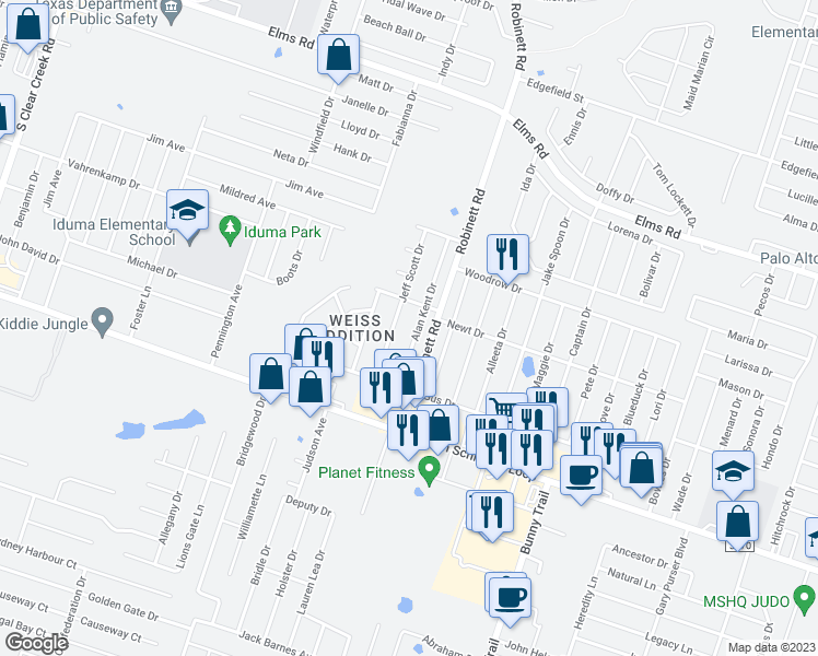 map of restaurants, bars, coffee shops, grocery stores, and more near 4405 Alan Kent Drive in Killeen