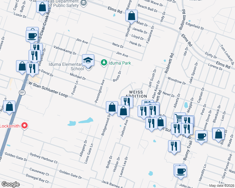map of restaurants, bars, coffee shops, grocery stores, and more near 4505 Mattie Drive in Killeen
