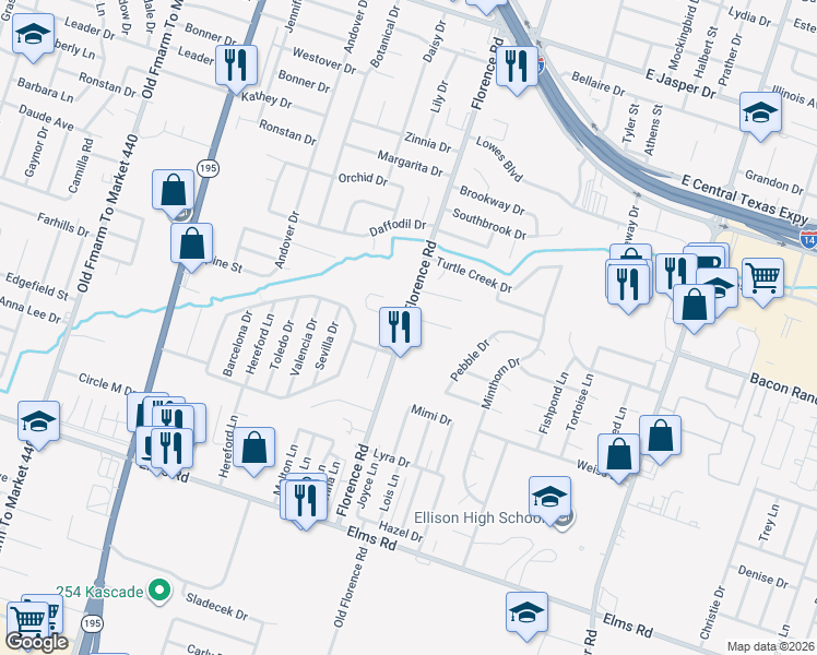 map of restaurants, bars, coffee shops, grocery stores, and more near 102 Kings Court in Killeen