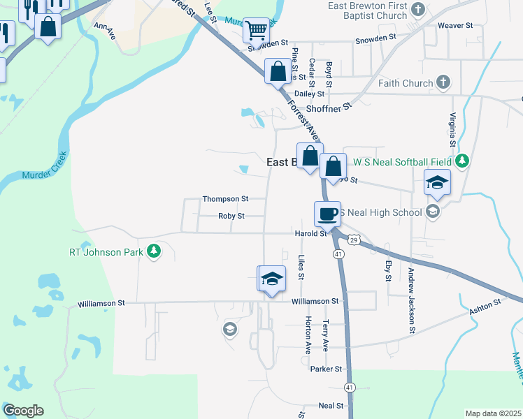 map of restaurants, bars, coffee shops, grocery stores, and more near 302 Simmons Street in Brewton