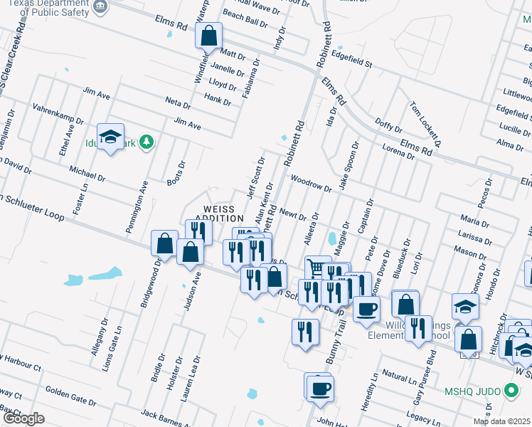 map of restaurants, bars, coffee shops, grocery stores, and more near 4403 Deek Drive in Killeen