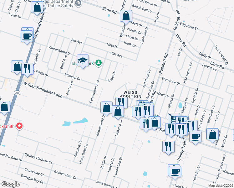 map of restaurants, bars, coffee shops, grocery stores, and more near 4504 Mattie Drive in Killeen
