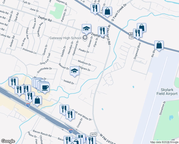 map of restaurants, bars, coffee shops, grocery stores, and more near 4002 Pilgram Drive in Killeen