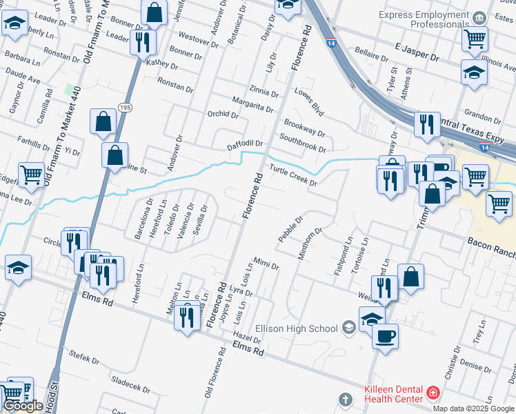 map of restaurants, bars, coffee shops, grocery stores, and more near 102 Kings Court in Killeen
