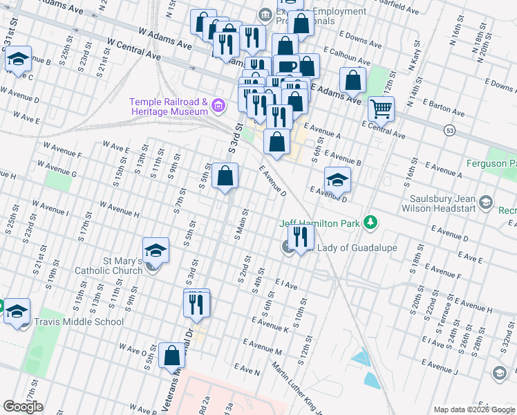 map of restaurants, bars, coffee shops, grocery stores, and more near 14 East Avenue F in Temple