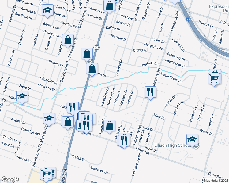 map of restaurants, bars, coffee shops, grocery stores, and more near 3209 Hereford Lane in Killeen