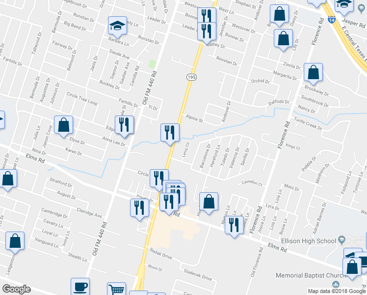 map of restaurants, bars, coffee shops, grocery stores, and more near 2805 Leroy Circle in Killeen
