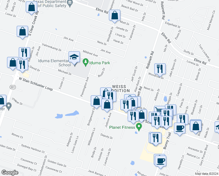 map of restaurants, bars, coffee shops, grocery stores, and more near 4409 Abigail Drive in Killeen
