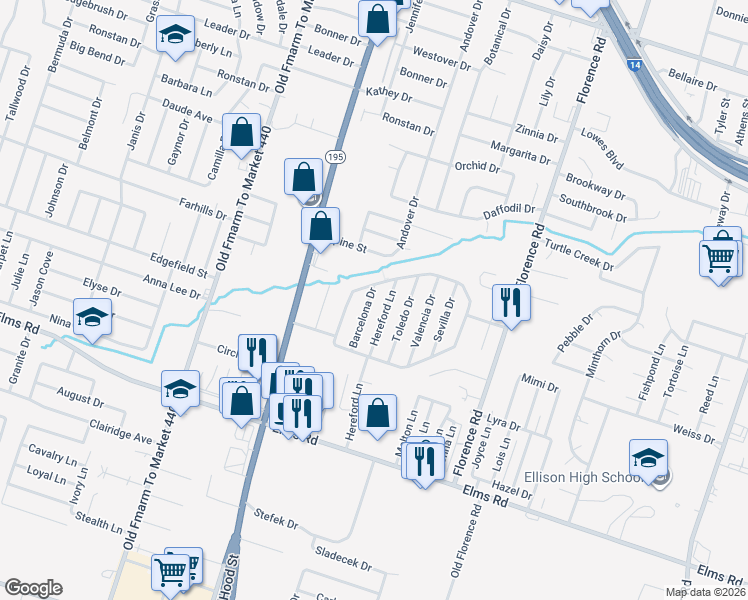 map of restaurants, bars, coffee shops, grocery stores, and more near 3209 Hereford Lane in Killeen
