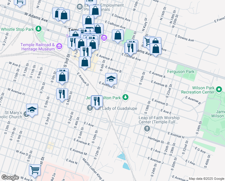 map of restaurants, bars, coffee shops, grocery stores, and more near 515 East Avenue D in Temple
