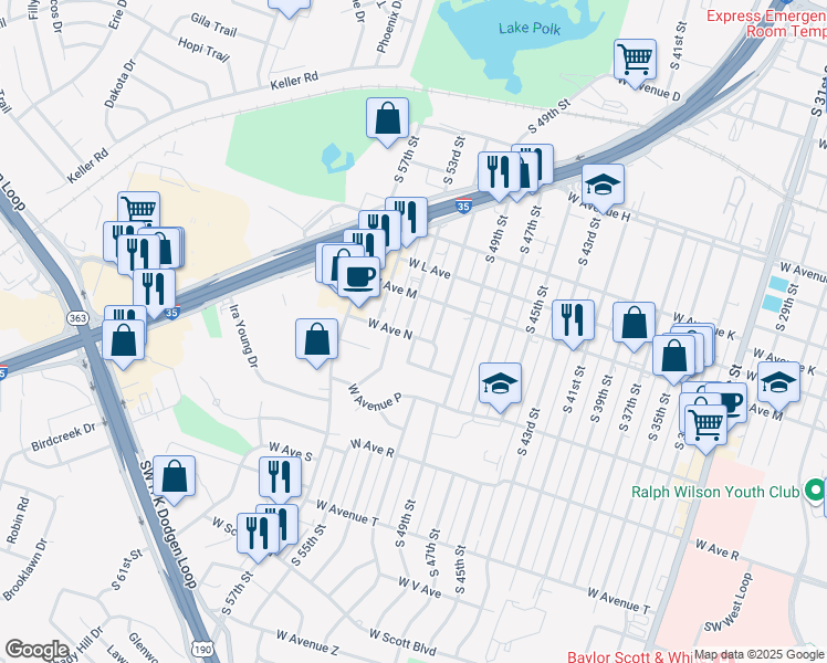 map of restaurants, bars, coffee shops, grocery stores, and more near 1319 South 53rd Street in Temple