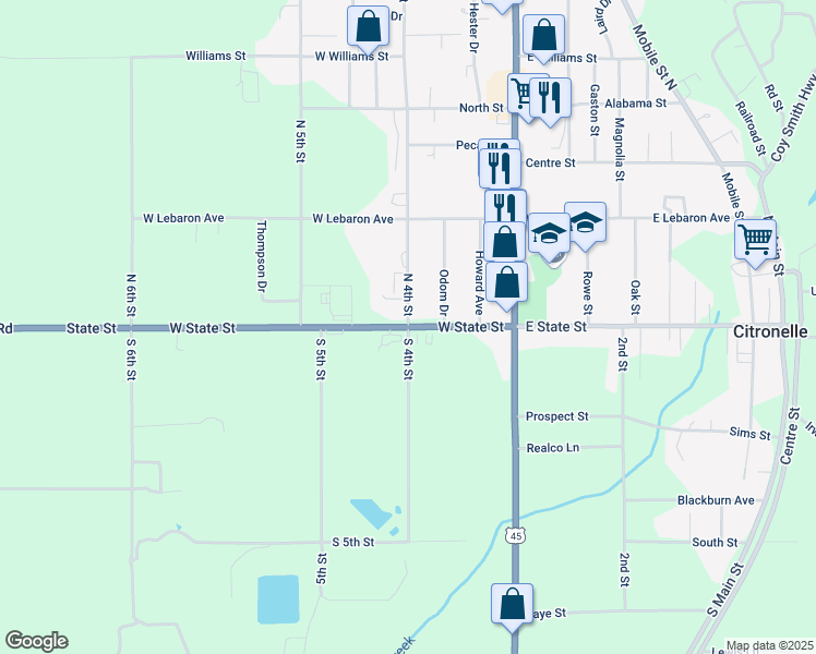 map of restaurants, bars, coffee shops, grocery stores, and more near 19076 South 4th Street in Citronelle