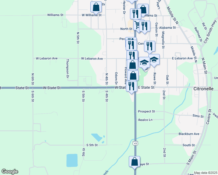 map of restaurants, bars, coffee shops, grocery stores, and more near 601 West State Street in Citronelle