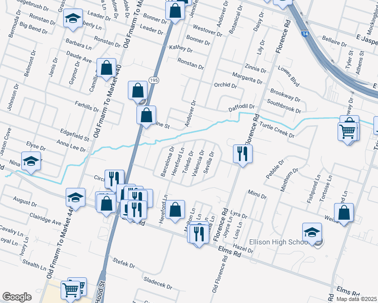 map of restaurants, bars, coffee shops, grocery stores, and more near 3301 Valencia Drive in Killeen