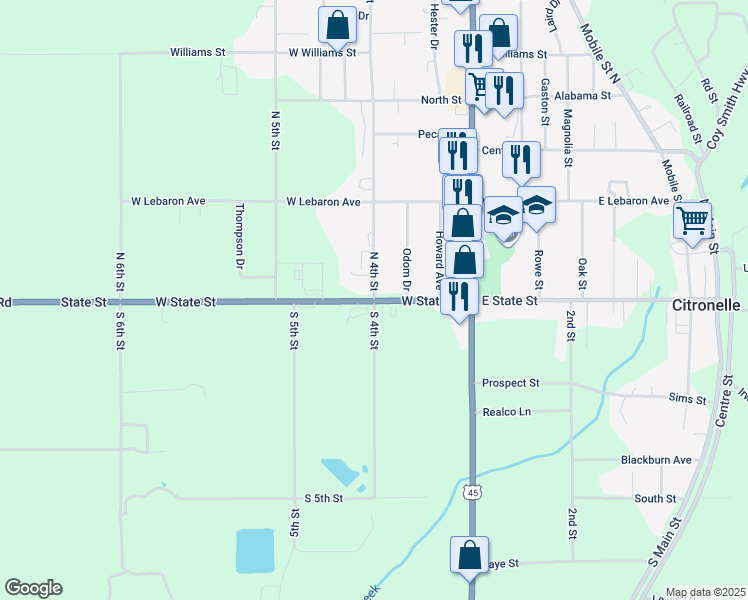 map of restaurants, bars, coffee shops, grocery stores, and more near 15630-19076 South 4th Street in Citronelle