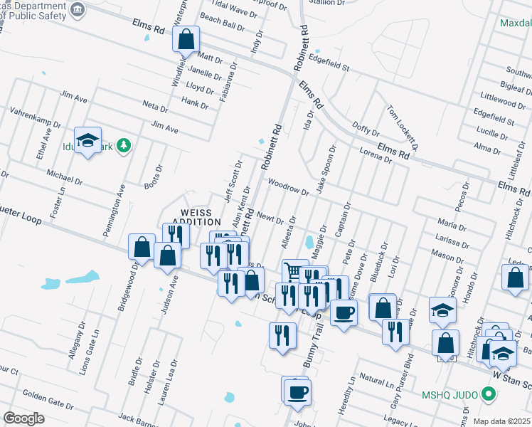 map of restaurants, bars, coffee shops, grocery stores, and more near in Killeen