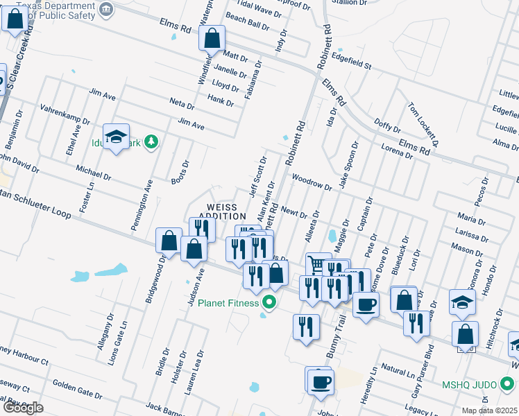 map of restaurants, bars, coffee shops, grocery stores, and more near 4408 Jeff Scott Drive in Killeen