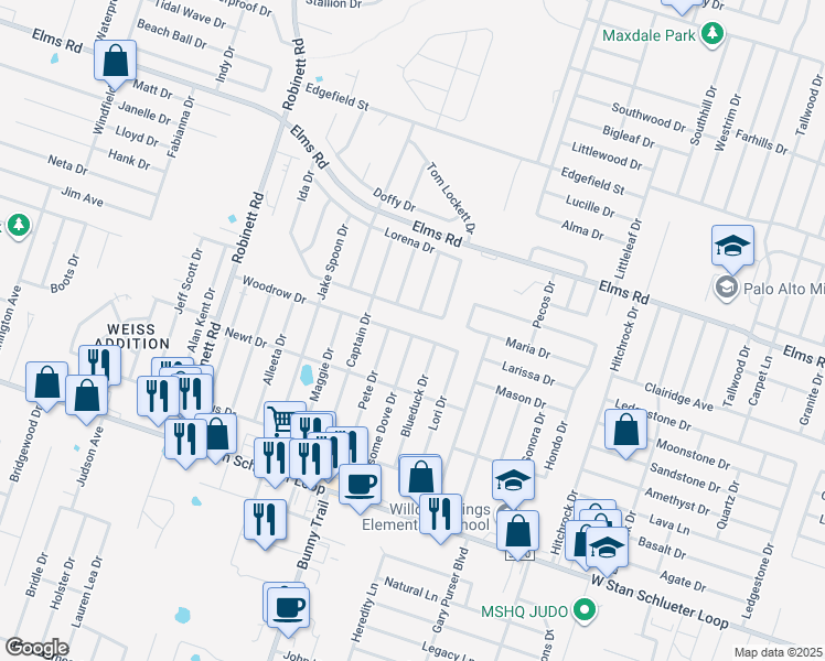 map of restaurants, bars, coffee shops, grocery stores, and more near 3109 Woodrow Drive in Killeen
