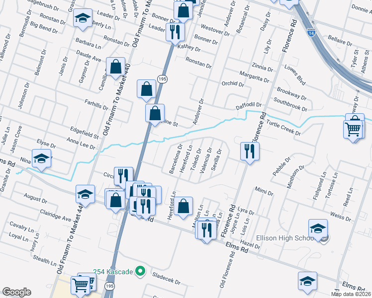 map of restaurants, bars, coffee shops, grocery stores, and more near 3209 Hereford Lane in Killeen