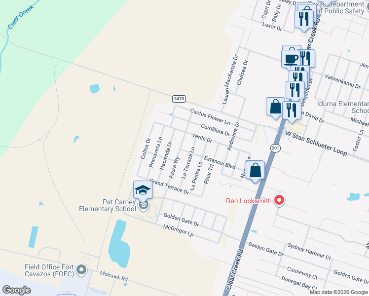 map of restaurants, bars, coffee shops, grocery stores, and more near 5102 Azura Way in Killeen