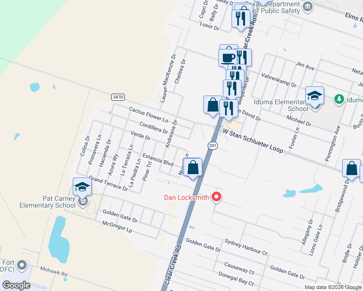 map of restaurants, bars, coffee shops, grocery stores, and more near 5001 Nuevo Lane in Killeen