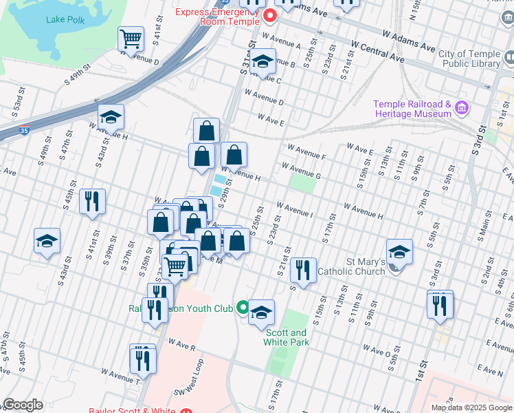 map of restaurants, bars, coffee shops, grocery stores, and more near 908 South 25th Street in Temple