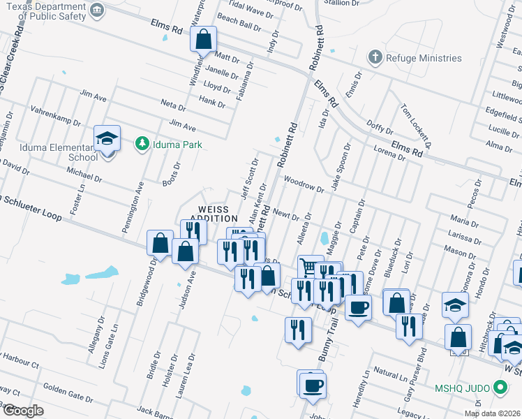 map of restaurants, bars, coffee shops, grocery stores, and more near 4302 Alan Kent Drive in Killeen