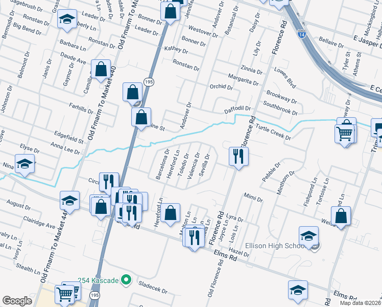 map of restaurants, bars, coffee shops, grocery stores, and more near 3206 Toledo Drive in Killeen