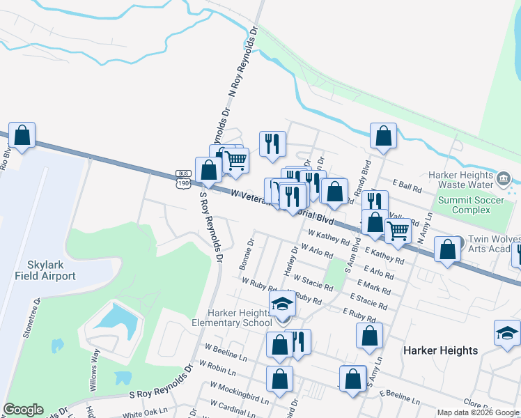 map of restaurants, bars, coffee shops, grocery stores, and more near 402 West Veterans Memorial Boulevard in Harker Heights