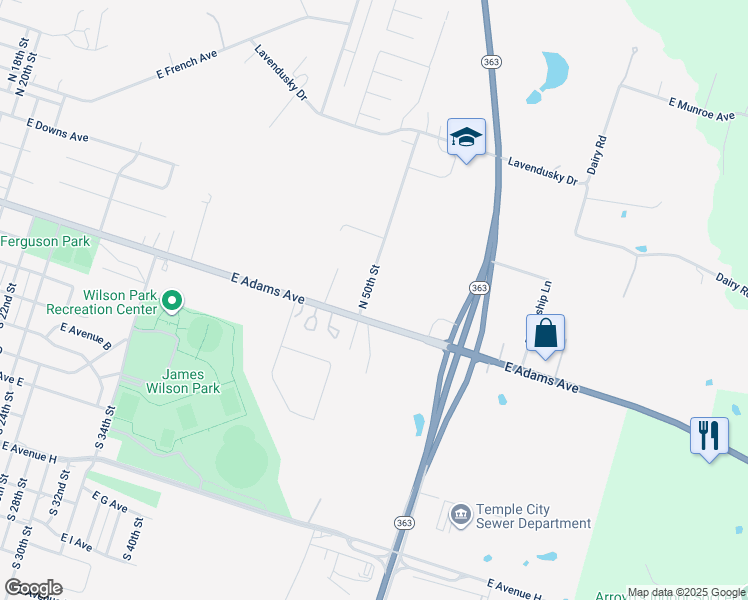 map of restaurants, bars, coffee shops, grocery stores, and more near 119 North 50th Street in Temple