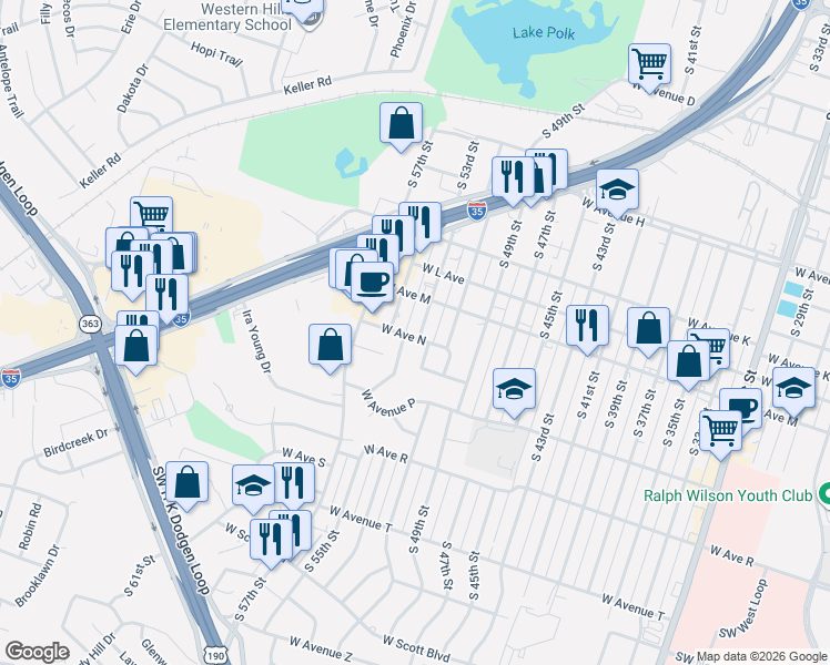map of restaurants, bars, coffee shops, grocery stores, and more near 1406 Live Oak Drive in Temple