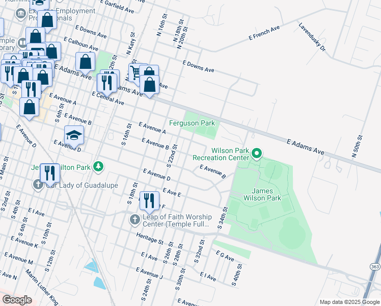 map of restaurants, bars, coffee shops, grocery stores, and more near 117 South 24th Street in Temple