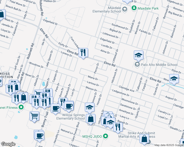 map of restaurants, bars, coffee shops, grocery stores, and more near 2803 Maria Drive in Killeen
