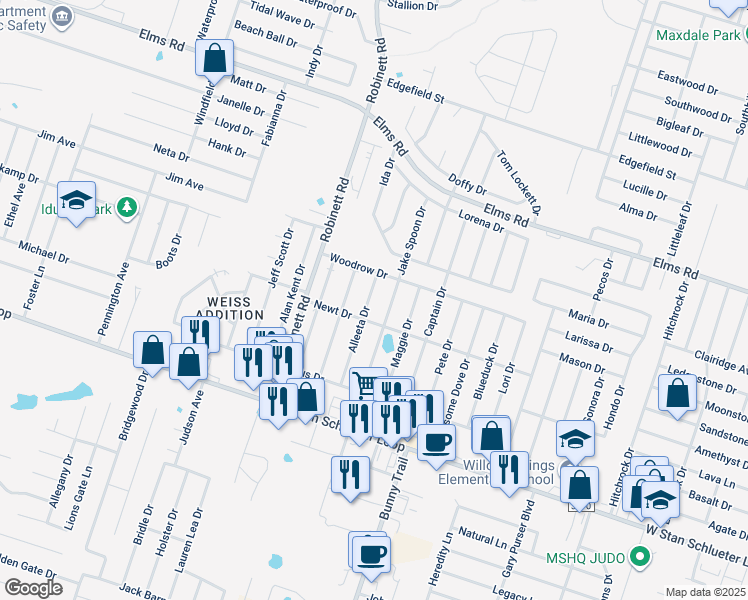 map of restaurants, bars, coffee shops, grocery stores, and more near 4308 Alleeta Drive in Killeen