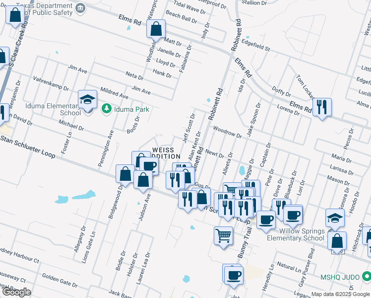 map of restaurants, bars, coffee shops, grocery stores, and more near 4408 Jeff Scott Drive in Killeen